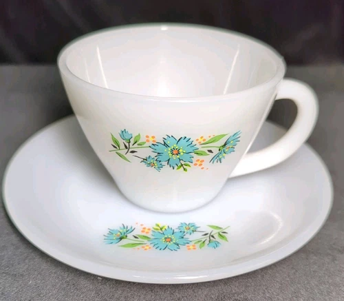 Vintage Fire King Bonnie Blue Carnation Flower Coffee Tea Cup & Saucer Set