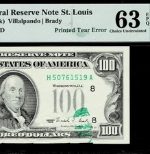 Printed Tear Error Fr. 2173-H $100 1990 FR Note ~ PMG Choice Uncirculated 63 EPQ