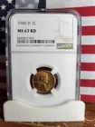 1945-D Lincoln Wheat Cent  ""NGC  MS67 RD""  Fantastic Slab  *Bright Red Coin"