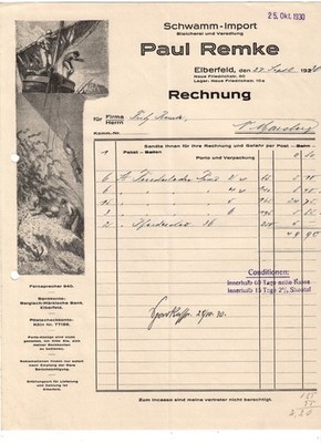 Aj1-Alte Rechnung Paul Remke Schwamm- Import Elberfeld 1930