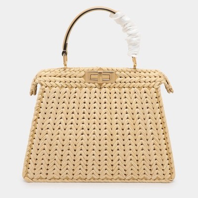 Fendi Beige Woven Leather and Straw Peekaboo Medium Iseeu Top