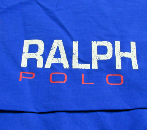 Blue Vtg 90s Polo Sport Ralph Lauren jacket with white block letters spelling “RALPH” and “Polo” across the chest.