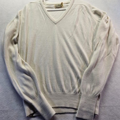 L.L.Bean, Vintage LL Bean Cotton Sweater Mens Medium V Neck White/ Cream Knit Pullover