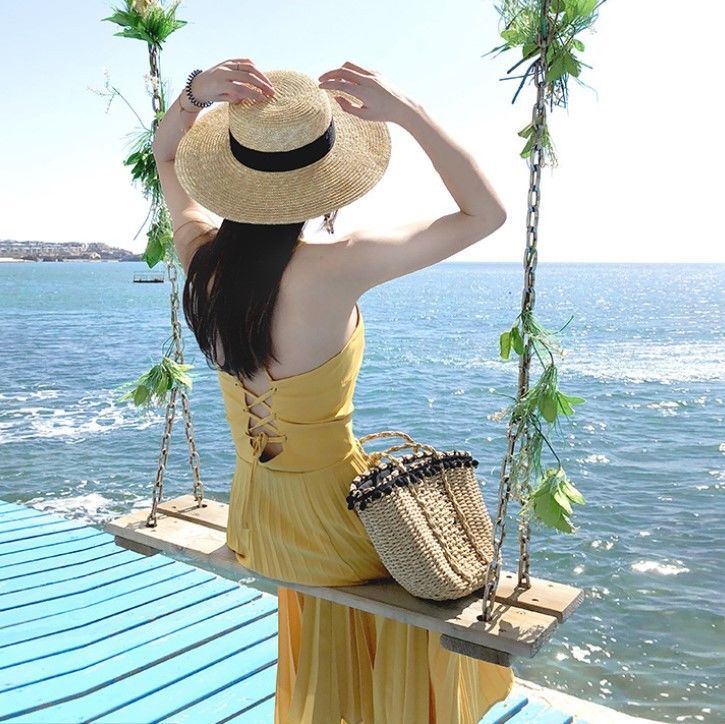 Women Chiffon Spaghetti Dress Pleated Backless Lace Up Maxi