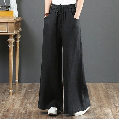 Summer Womens Cotton Linen Baggy Long Trousers Elastic High Waist Wide Leg Pants - Picture 14 of 31