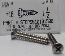 #10x1-1/2 Oval Head Phillips Tapping Screws Stainless Steel (25)