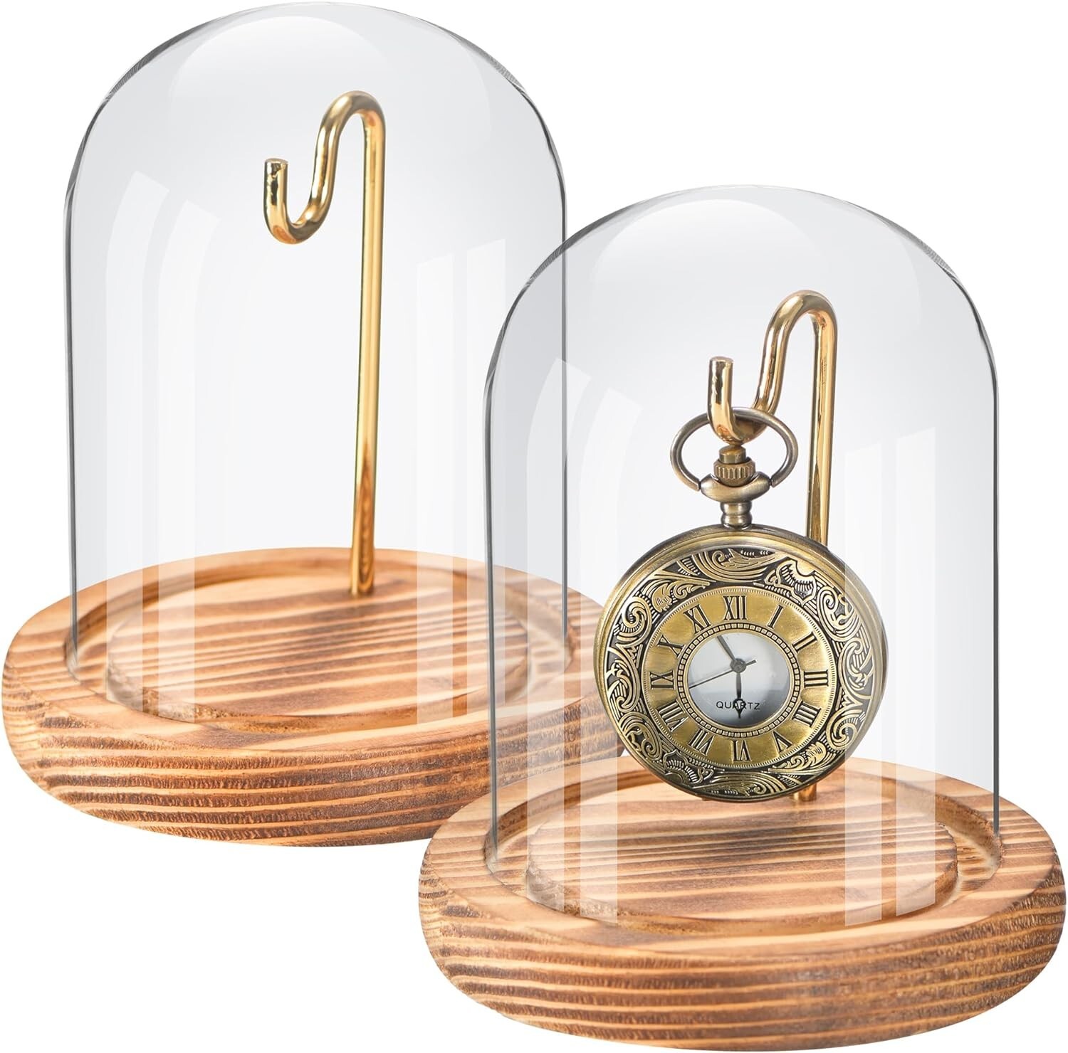 2 Pcs Pocket Watch Glass Display with Hooks Dome Cloche with Brown Wood Base Dec