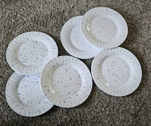 Pier 1 Imports Set of 17 Melamine BLUE and RED SPLATTER Confetti LUNCH PLATES 8"