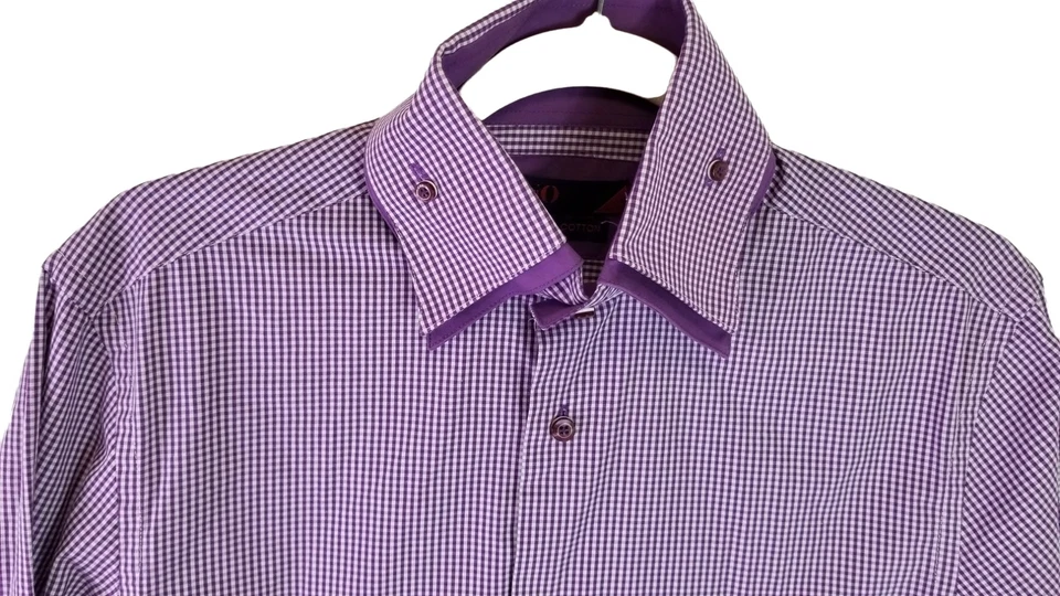 Camisa de vestir manga larga con botones de guinga púrpura cuello S talla Brio Milano para hombre Foto 4 de 4