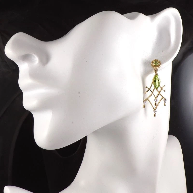 Solid 14K Yellow Gold Green Peridot Diamond Accent Chandelier Earrings - Image 2 of 3