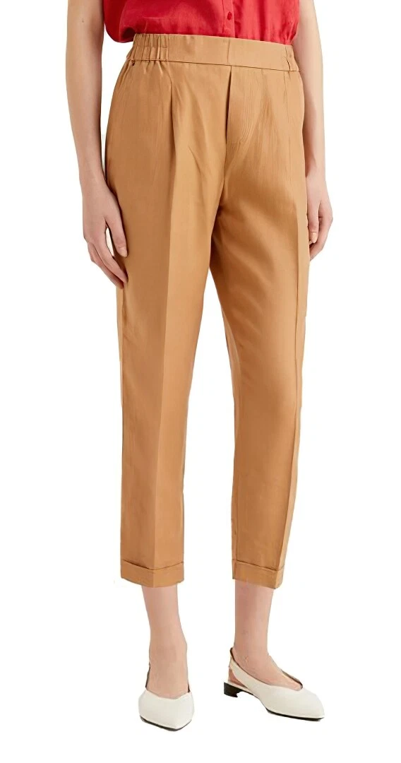 Womens Ex Designer Store Linen Cropped Summer Trousers Beige Tapaered Leg