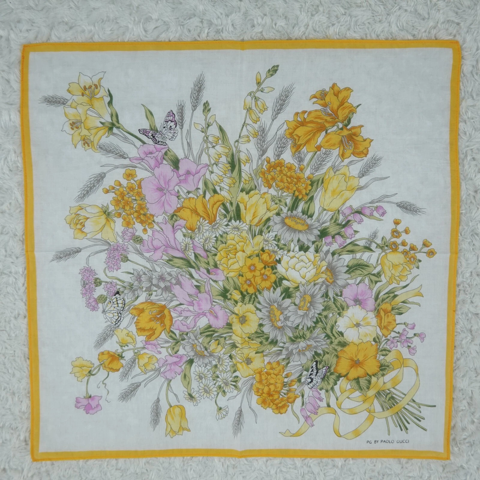 M605 PAOLO GUCCI Foulard coton blanc jaune foulards poche carré 17