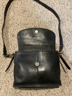 Vintage Coach Black Leather Equestrian Flap Cross Body Purse Bag