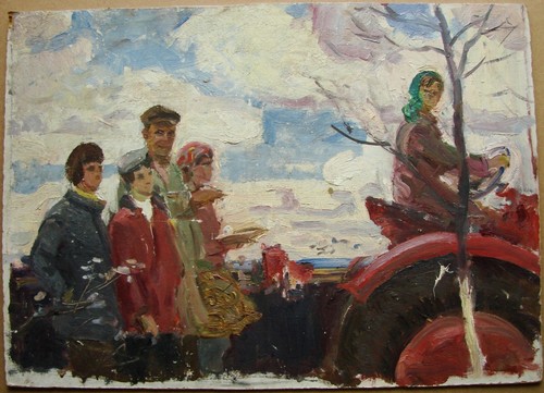 Ukrainian Soviet Oil Painting realism impressionism villagers tractor field - Photo 1 sur 4