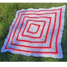 Hand Crocheted Throw or baby blanket Red and White 50" x 54"