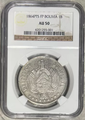 1864 PTS FP Bolivia 1 Boliviano Variety 1 NGC AU 50 Narrow Stars On Obverse
