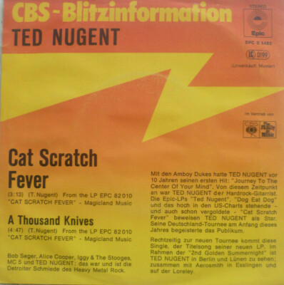 7'' 1977 GERMAN CBS BLITZ PROMO RARE IN MINT- ! TED NUGENT : Cat Scratch Fever