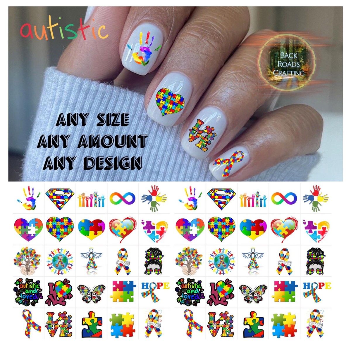 Autism Autistic Set 2 Waterslide Nail Art Decals Set Of 50