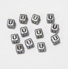 6mm Silver Metallic Alphabet Beads Black Letter "U" 100pc