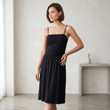 Willi Smith 90s Minimalist Black Midi Slip Dress Quiet Luxury Ruched Grunge L