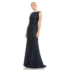 NWT Mac Duggal Blue Cowl Back Boat Neck Sequined Evening Gown 26331 Size 2