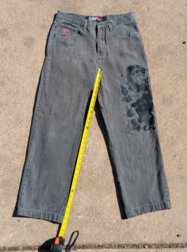 Vintage 2000s Mens Size 33 Lot 29 Dragon Embroidered Y2K Grey Baggy Jeans - Image 3 of 4