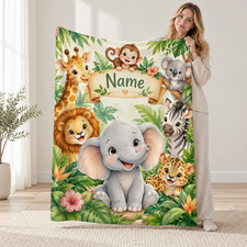 Personalized Baby Elephant Coral Fleece Blanket Safari Nursery Decor