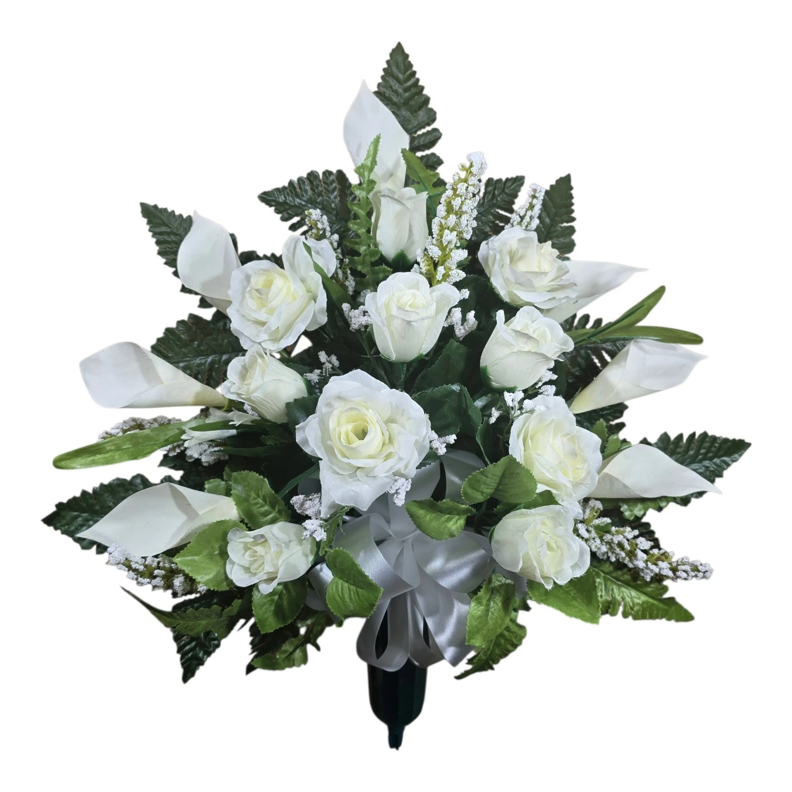 Cemetery Vase with grave flowers including Cream Calla lilies and Roses
Opens in a new window or tab