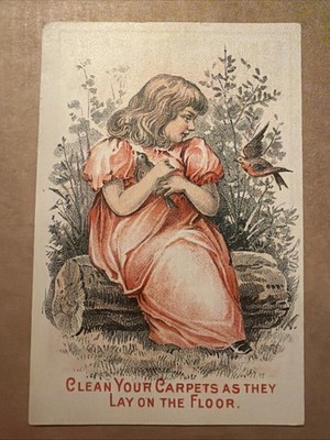 Nine O'Clock Washing-Tea Soap Antique Trade Card Girl In Pink & Doves