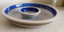 Blue Studio Art Pottery Stoneware Signed Serving Tray Chip and Dip Bowl Set