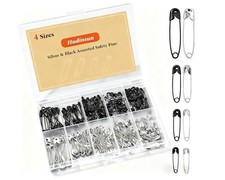 210 PCS 4 Different Sizes Silver and Black Safety Pins Assorted, Small and Large