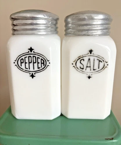 HAZEL ATLAS WHITE MILK GLASS RANGE SHAKERS, SALT  & PEPPER, 4.5", ORIGINAL LIDS