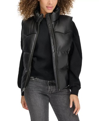 Levi's Black Faux Leather Puffer Vest Womens L Zip Snap Sleeveless Jacket $150