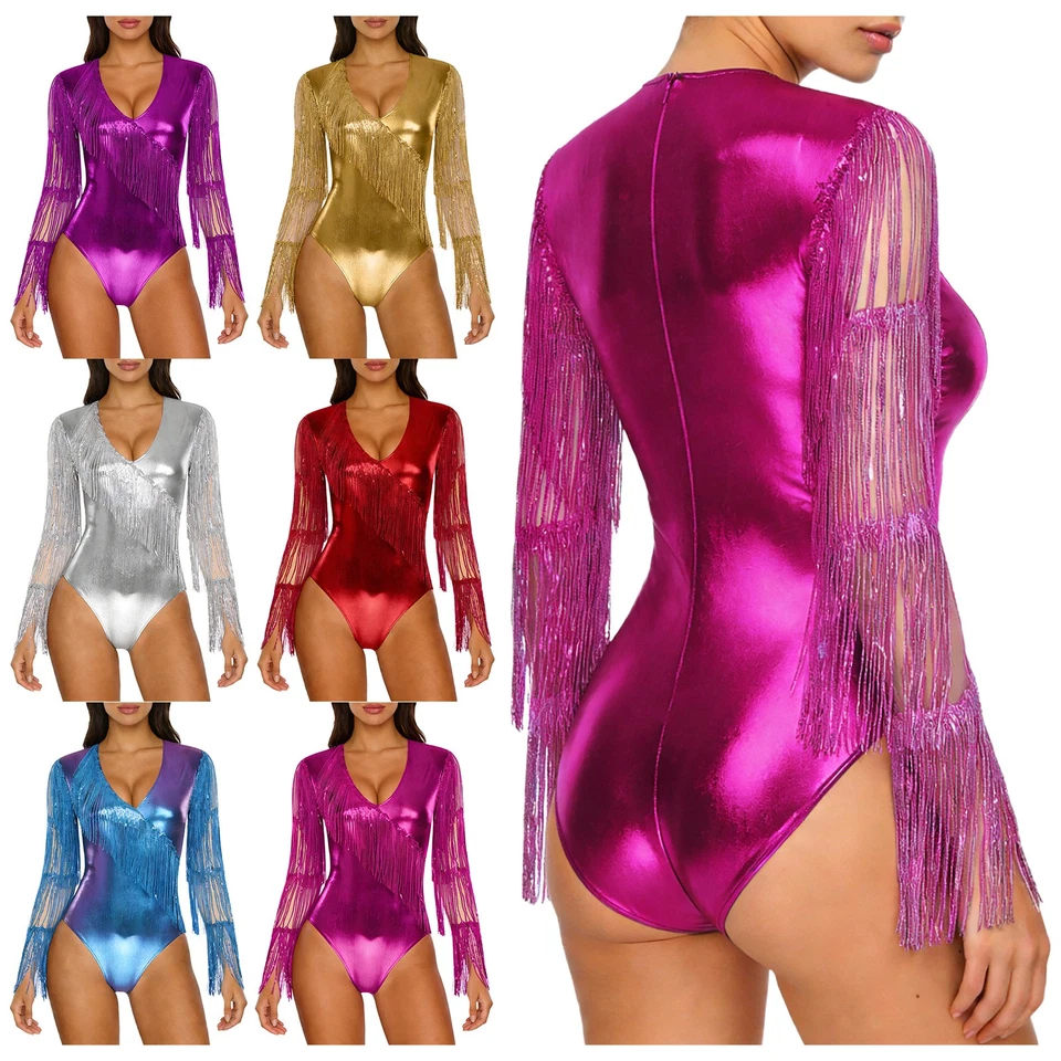Damen Metallic Shiny Paillette Tassel V-Ausschnitt Mesh Langärmeliger Bodysuit - Bild 1 von 3
