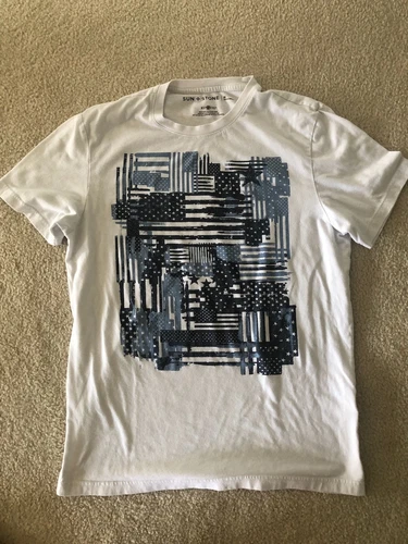 Sun + Stone Men's Stars & Stripes Patchwork Graphic White Blue T-Shirt Medium