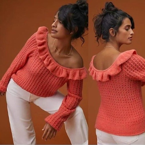 Anthropologie Ruffle Off Shoulder Lumi Sweater Coral Knit Cozy Wool blend