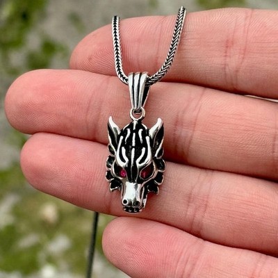 925 Sterling Silber Wolfskopf Halskette, Rubin Augen Weltkopf Anhänger