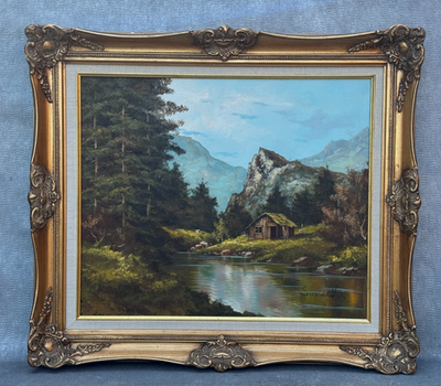 #ad ORIGINAL LANDSCAPE OIL PAINTING SIGNED SAMANTHA MOUNTAIN RIVER RURAL CABIN HILLS $250.00