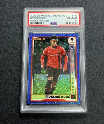 2022-23 Topps Merlin Chrome Desire Doue RC Rookie Blue Shimmer /75 PSA 10 ST50