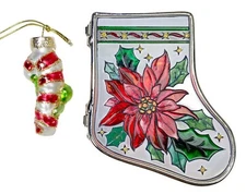 Mini Glass Candy Cane Ornament Trinket Box Stocking Christmas Poinsettia Storage