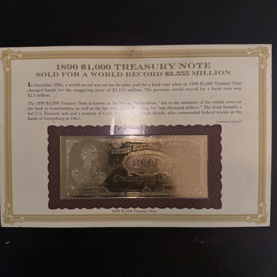 $1000 TREASURY NOTE GOLD PLATED COPY 1890. - Image 3 of 4