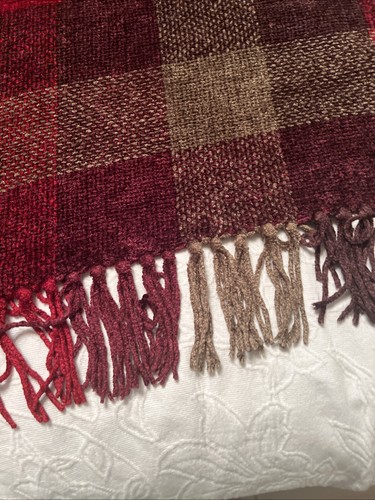 Pottery Barn Plaid Chenille Throw Blanket Wine Fringe 48"x60" - Picture 10 of 12