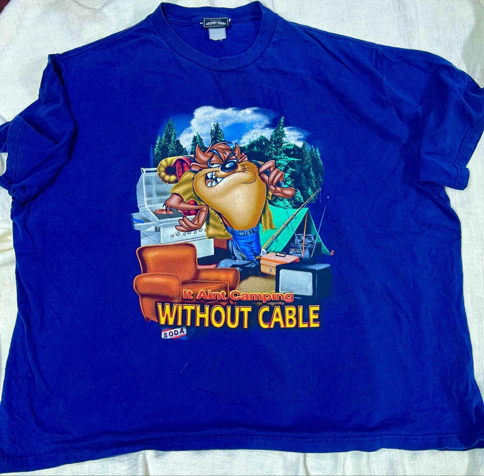 Looney Tunes Tasmanian Devil “camping With Cable” Navy Blue Y2K (SIZE:4-5XL)