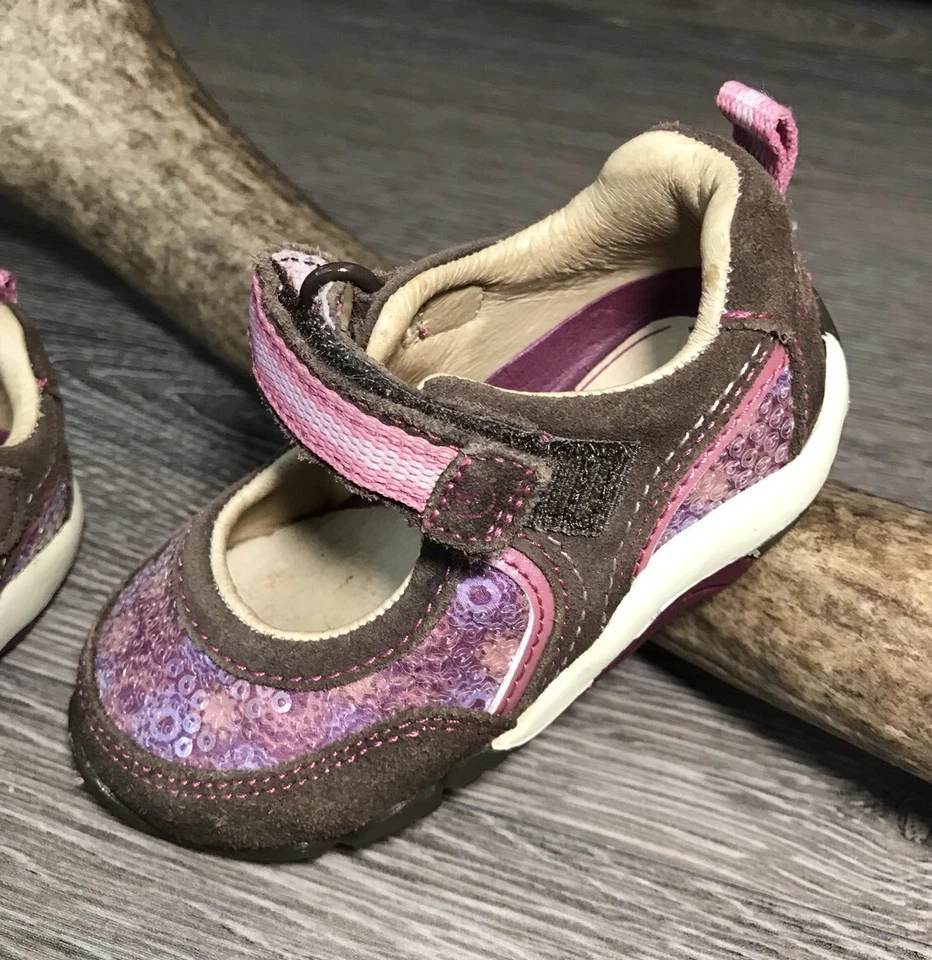STRIDE RITE DANA Brown Pink SEQUIN shoes mary janes Girl Sz 4 W Flower Butterfly - Image 3 of 4