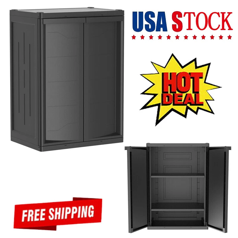 Hyper Tough Plastic Garage Storage Cabinet 2 Shelf 18.5d x 25.47W x 35.43H, Black