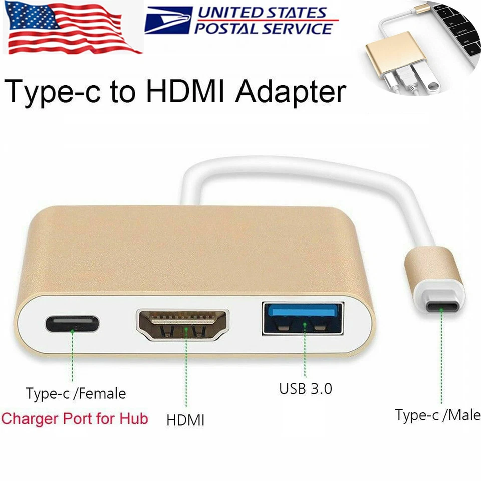 Gold Type C USB 3.1 USB-C 4K HDMI USB 3.0 Adapter Cable 3 in 1 Hub For Macbook - Image 2 of 4