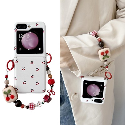Cute Cartoon Cherry PU+PC Case Cover For Motorola Razr+Plus 2024/Flip6/5/4+Chain