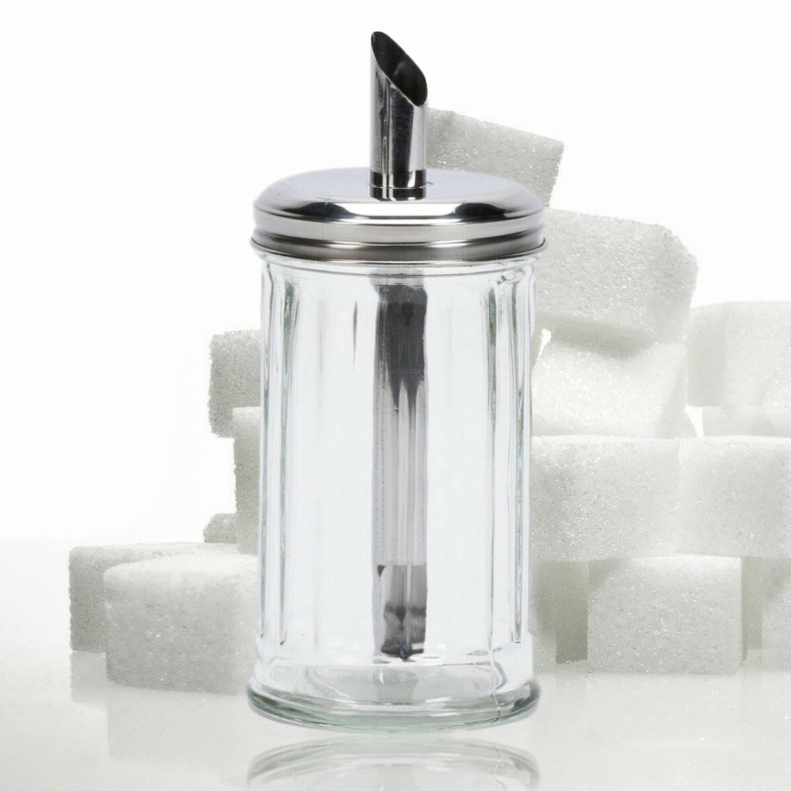 Clear Glass Sugar Pourer Dispenser Shaker Stainless Steel Top Lid