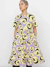 Lazy Oaf All the Smiles Smocked Midi Dress Purple & Yellow - 100% Cotton Size 4