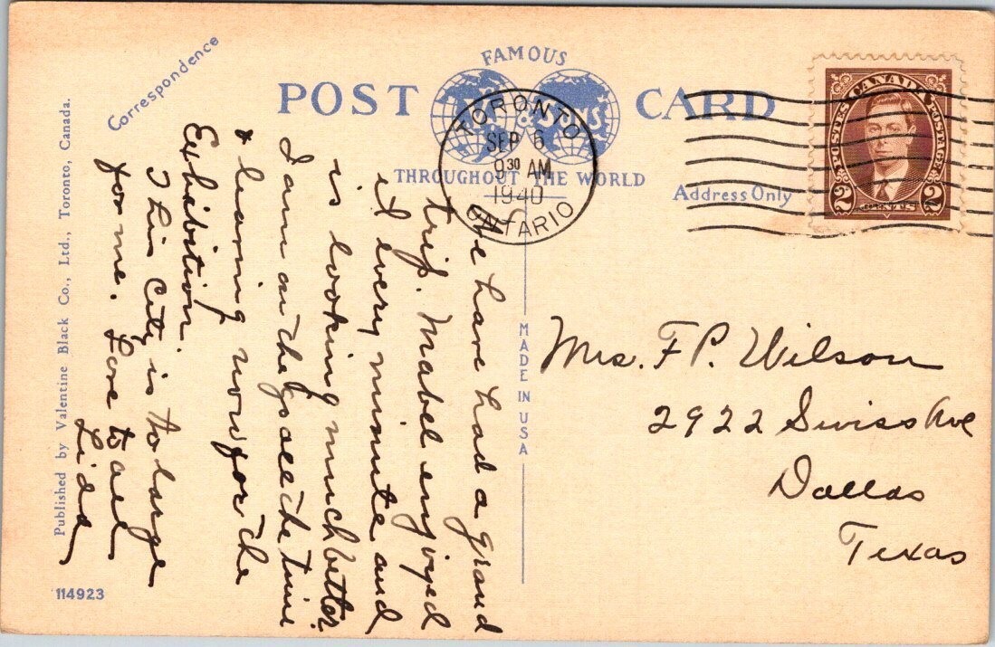 University Avenue Toronto Canada Vintage Linen Postcard 1940 Posted A29